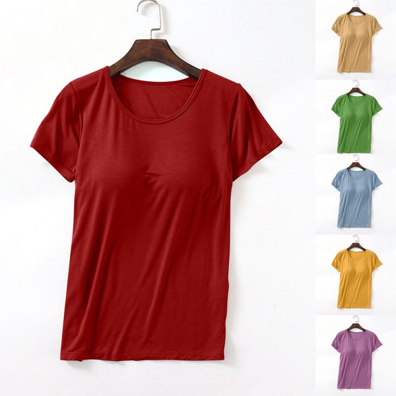 HVOBTTY Women's Short Sleeve Pajama Top, Pajama Top for Women, Women's Casual Solid Color Short Sleeve Pads Wireless Cup Integrated Pajama Tops Beige, XL