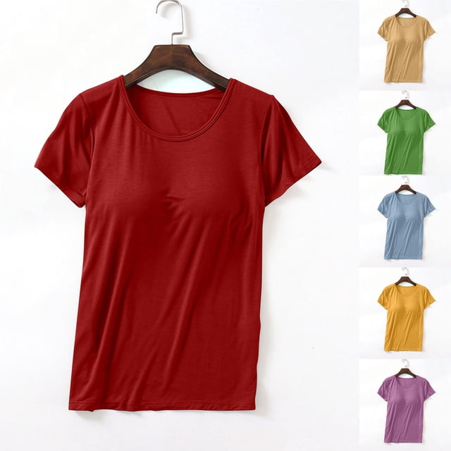 FRSASU T-Shirt Basique Doux à Manches Courtes pour Femmes, Haut à Col Rond T-Shirt Décontracté pour Usage Quotidien Jaune-D
