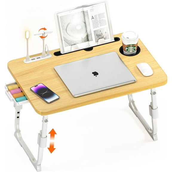 Laptop Bed Desk Height Adjustable, Bed Laptop Table with USB/Storage Drawer/Cup Holder/Tablet Stand/Book Shelf, Foldable Breakfast Tray Portable for Reading Writing, Bed, Sofa & Floor, Wood