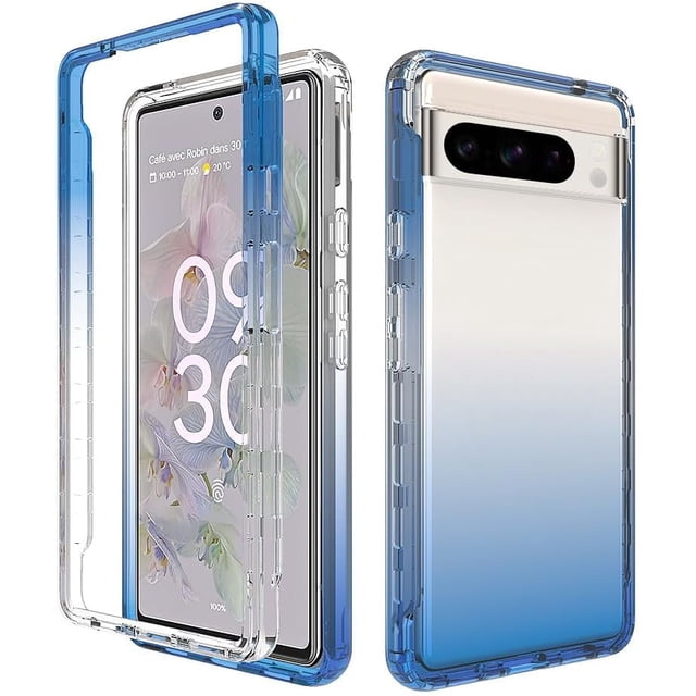 Compatible avec Google Pixel 8 Pro Étui Transparent Dégradé Protection Antichoc Étui TPU+PC Mignon Transparent Protection Complète Bleu