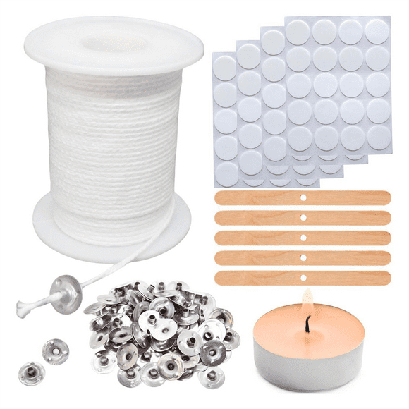 Candle Wick Roll with 100 Pcs Candle Wick Sustainer Tabs, 80Pcs Candle Wick Stickers and 5Pcs Wooden Candle Wick