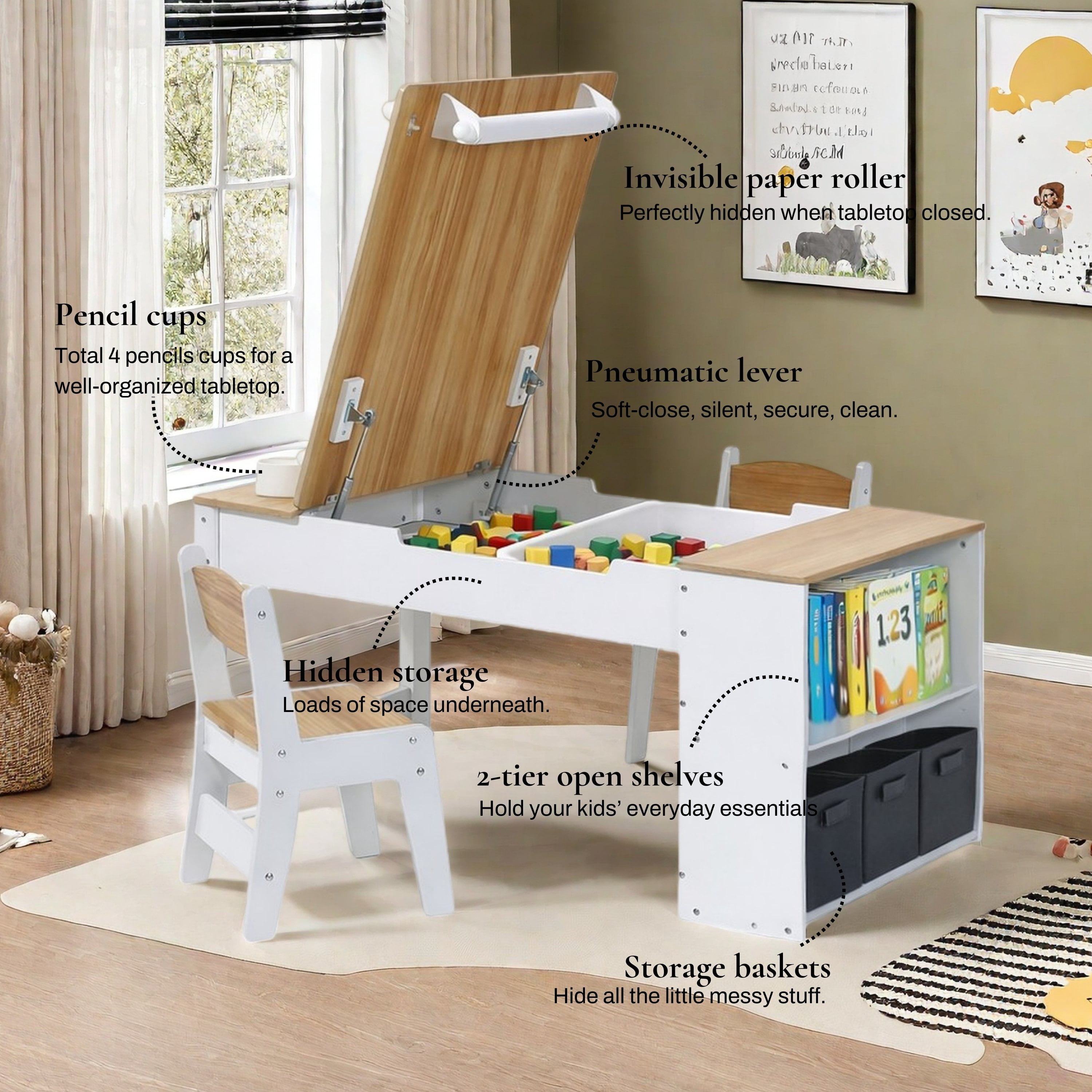 LuxenHome Activity Children Table with Storage Bookcase and 2 Chairs Set