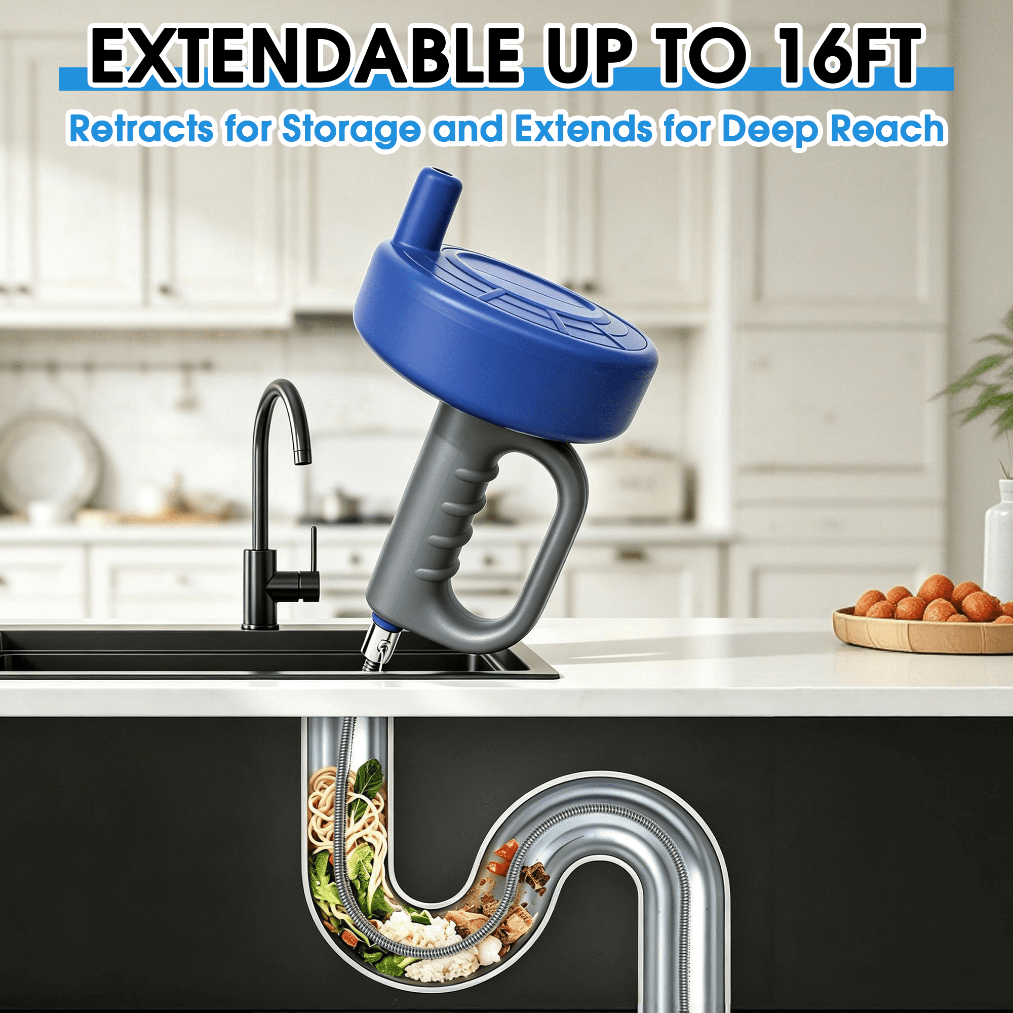 GARITIN 16 Ft Plumbing Snake Drain Auger for unclogging drains, Flexible Steel Drain Clog Remover, Reusable Sink Snake for Kitchen Sink, Bathtub, Bathroom & Floor Drains