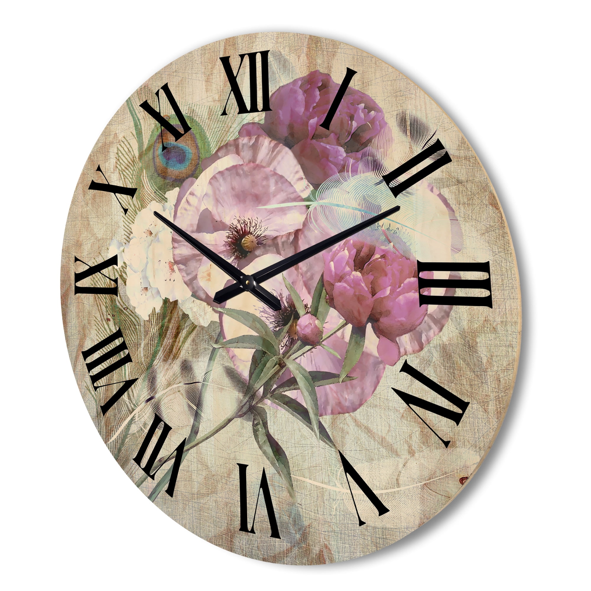 Designart 'Iris Bouquet Floral Design With Peacock Feather' Traditional Wood Wall Clock