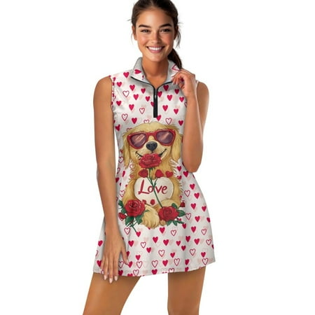COEQINE Love Golden Retriever Rose and Heart Print Women s Tennis Dress with Built in Shorts and Pockets V-Neck Elastic Exercise Dresses for Valentine s Day 2 Piece Set Golf Outfits XS
