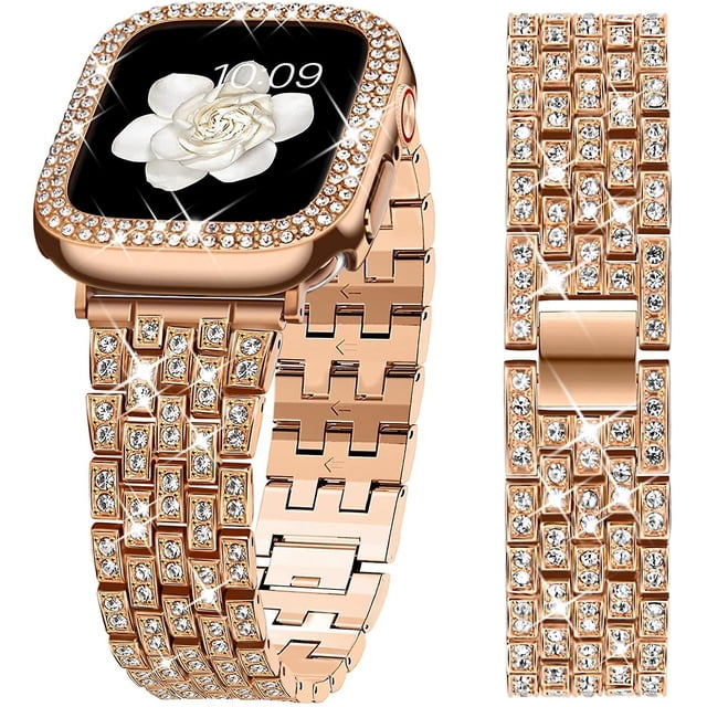 Banda de reloj Apple compatible con la serie de estuches Iwatch6 / 5/4/3/2/1, Bling Full Diamond Rhinestone Mujer Chica Joyería Dressy Crystal Reemplazo ajustable Feliz Sencillez