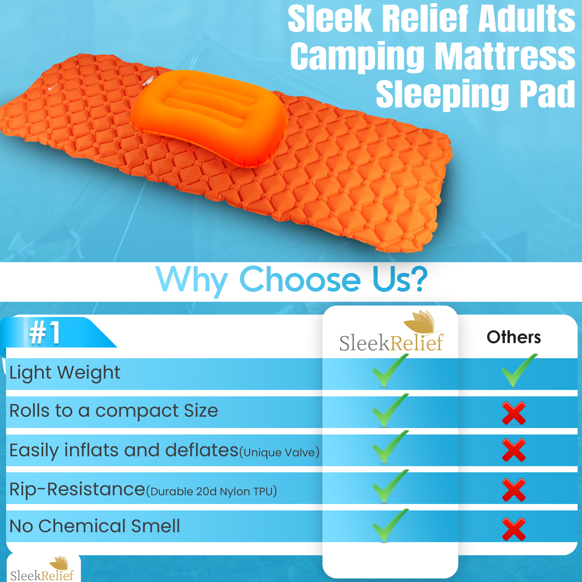 Sleek Relief Adults Camping Mattress Sleeping Pad W/ Pillow– Large) Waterproof, Cool Sleeping Pads For Backpacking,air Bed Hiking, Air Mattress, Lightweight, Inflatable & Compact, Orange Walmart.com