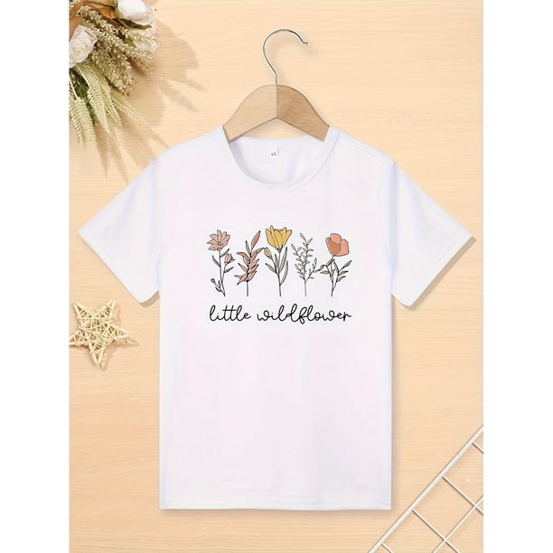 Girls' Short Sleeve T-Shirt - White Cartoon Wildflowers Print with "Little Wildflower" Script, Soft Breathable Knit Fabric, Casual Crew Neck Summer Top, Machine Washable, Easycare Tee