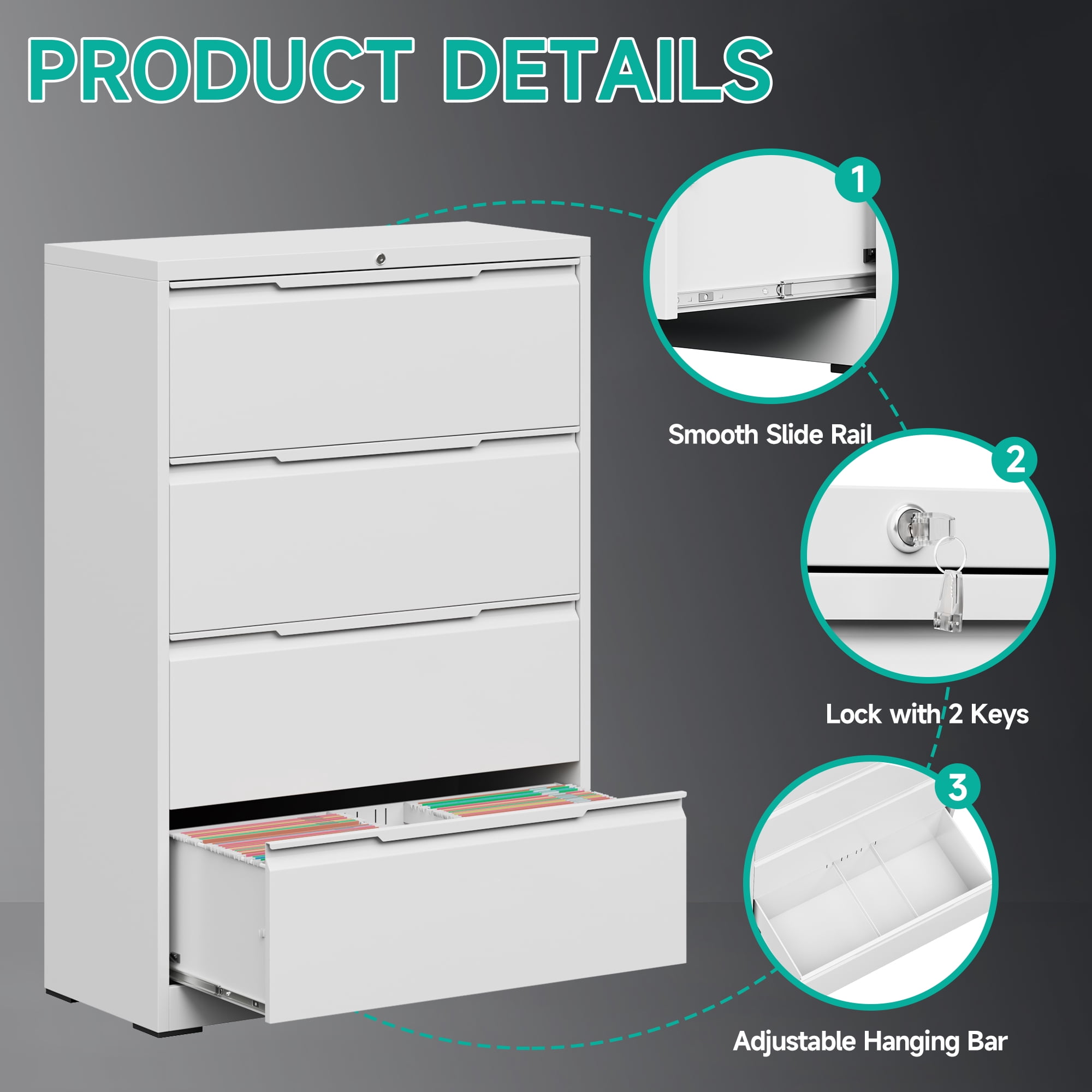 4 Drawer Lateral File Cabinet, Metal Lateral File Cabinet with Lock, Office Lateral Filing Storage Cabinet for Hanging Files Letter/Legal/F4/A4 Size, Easy Assemble White