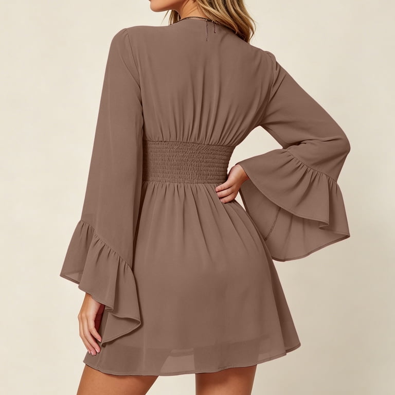 Women's V Neck Bell Sleeve Mini Dress, Smocked Waist Flare Sleeve Chiffon Dress, French Style Short Casual Dress for Party Date Night Wear 03-Khaki S