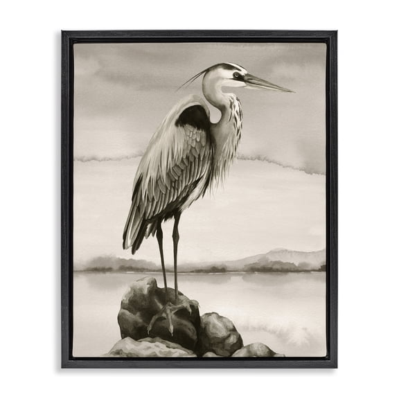 Stupell Industries Rustic Lodge Heron Perched at Sea Black Floating Frame Canvas Art, 17 x 21, by Grace Popp