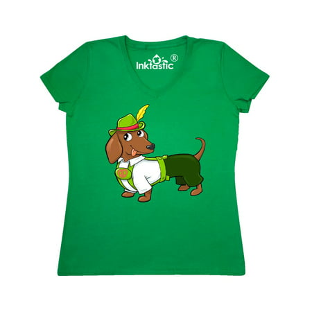 Cute brown dachshund in traditional German costume Women's V-Neck T-Shirt