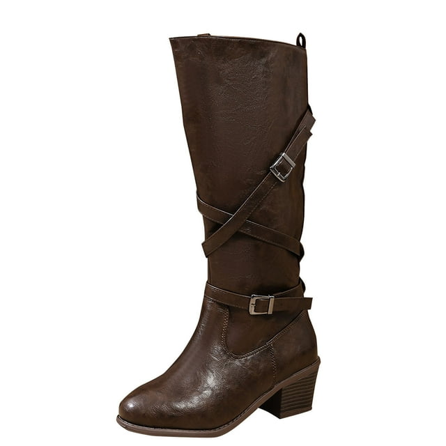 Brown Ladies Relaxed Casual Winter Western-Style Solid Color Boots With Belt Buckle Not Over The Knee British Style Motorcycle Knight Style And Easy Fit