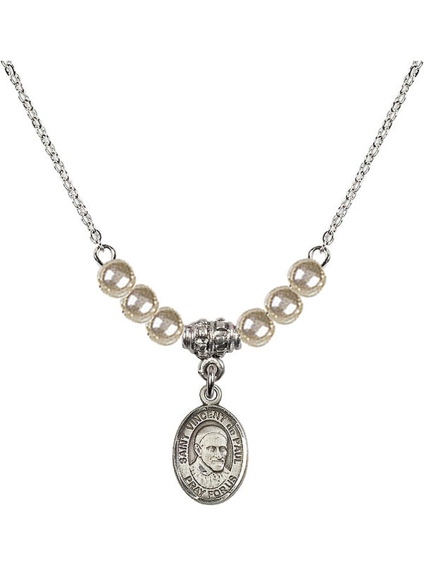 18-Inch Rhodium Plated Necklace with 4mm Faux-Pearl Beads and Sterling Silver Saint Vincent de Paul Charm.