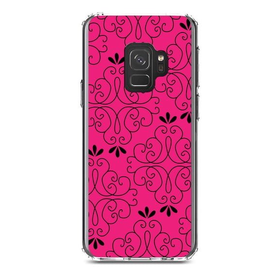 DistinctInk Clear Shockproof Hybrid Case for Samsung Galaxy S9 (5.8" Screen) - TPU Bumper, Acrylic Back, Tempered Glass Screen Protector - Neon Pink Black Floral Pattern