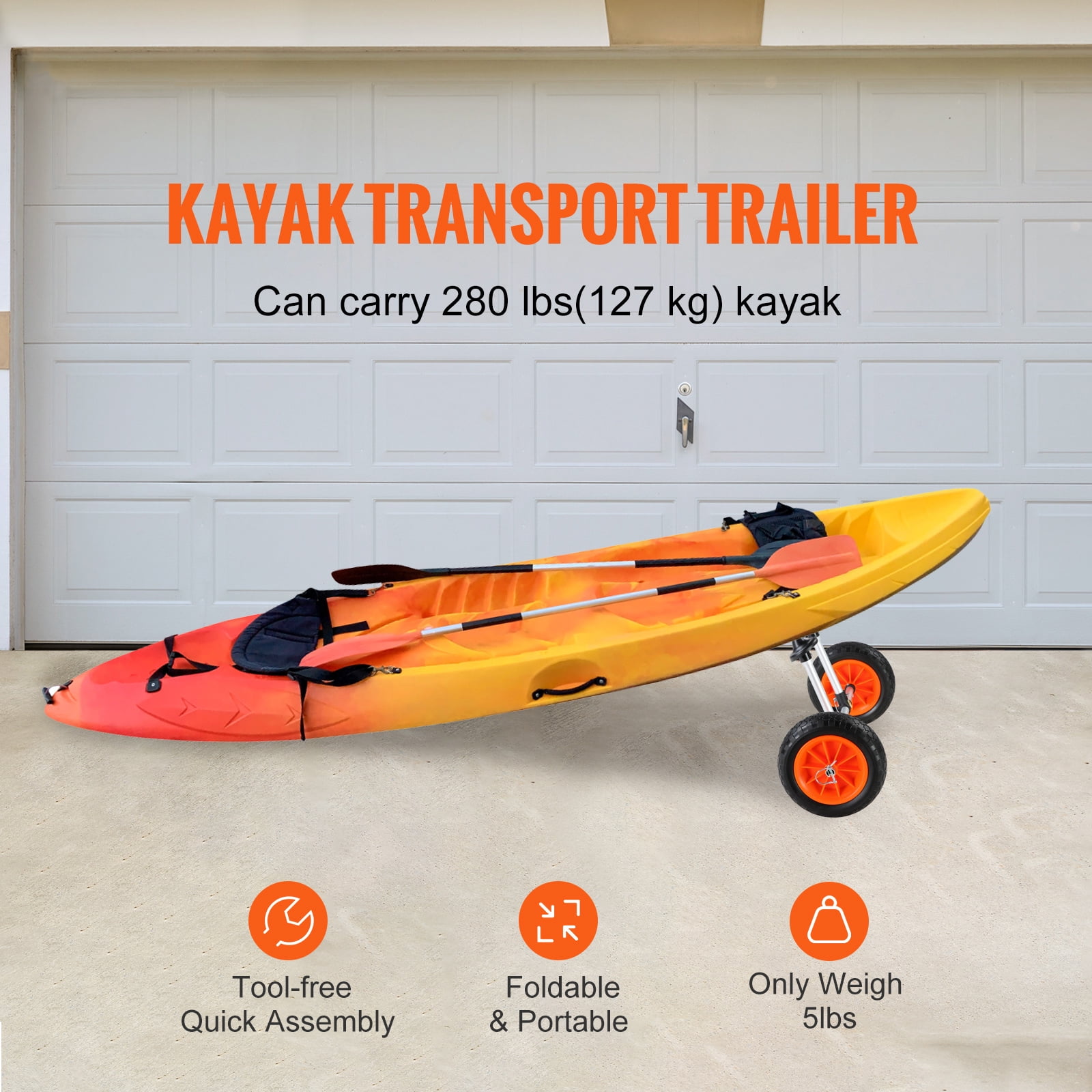KFFKFF Adjustable Kayak Cart Canoe Boat Carrier 280lbs Load with 10'' Solid Tires