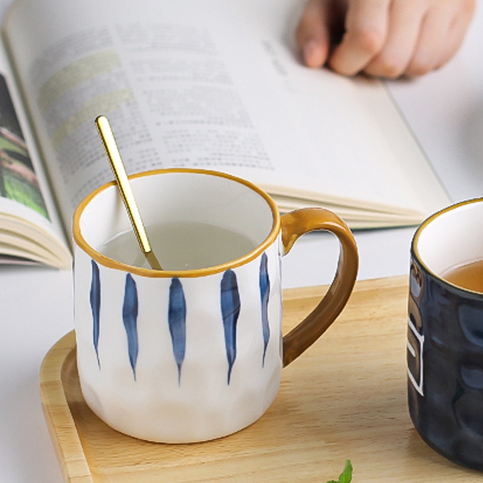400ml Porcelain cup with handle, ceramic coffee cup, blue stripes coffee cup, ceramic cup with gold rim, espresso cups, for coffee, tea, milk, cappuccino
