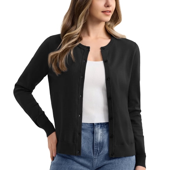 YUCOLEN Women's Cardigans Sweater Lightweight Button Down Crew Neck Long Sleeve Soft Knit Casual Cardigan Black M