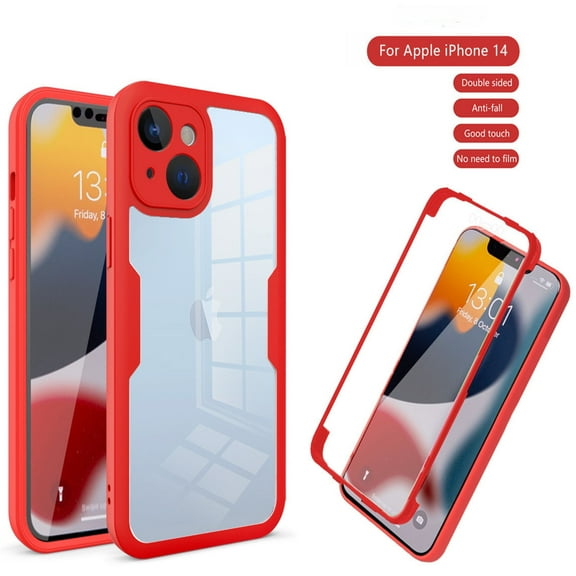 iPhone 14 Case with Built-in Screen Protector, Clear Shockproof Slim Full Body Protection Soft TPU Bumper Dual Layer Rugged Phone Case Cover for iPhone 14 5G 6.1 Inch 2022, Red