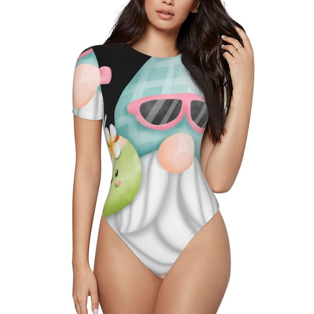 Fotbe Summer Gnome,Cute Gnome Body de Mujer con Cuello Redondo y Mangas Cortas, Sin Mangas Ajustado, Suave, Cómodo y Básico-X-Large