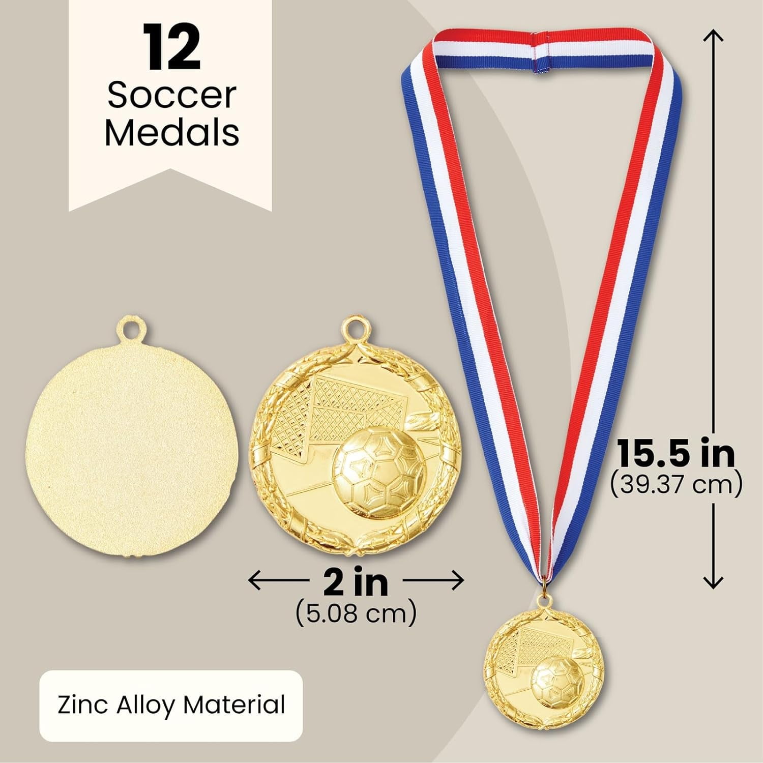 12 Pack Award Medals for Adults - Team Participation Trophies with Red, White, and Blue Striped Ribbon, Sports Themed Party Favors (2 in, Metal, Gold)