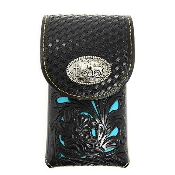Texas West Western Cowboy Tooled Floral Leather Praying Cowboy Concho Belt Loop Medium Cell Phone Holster Case