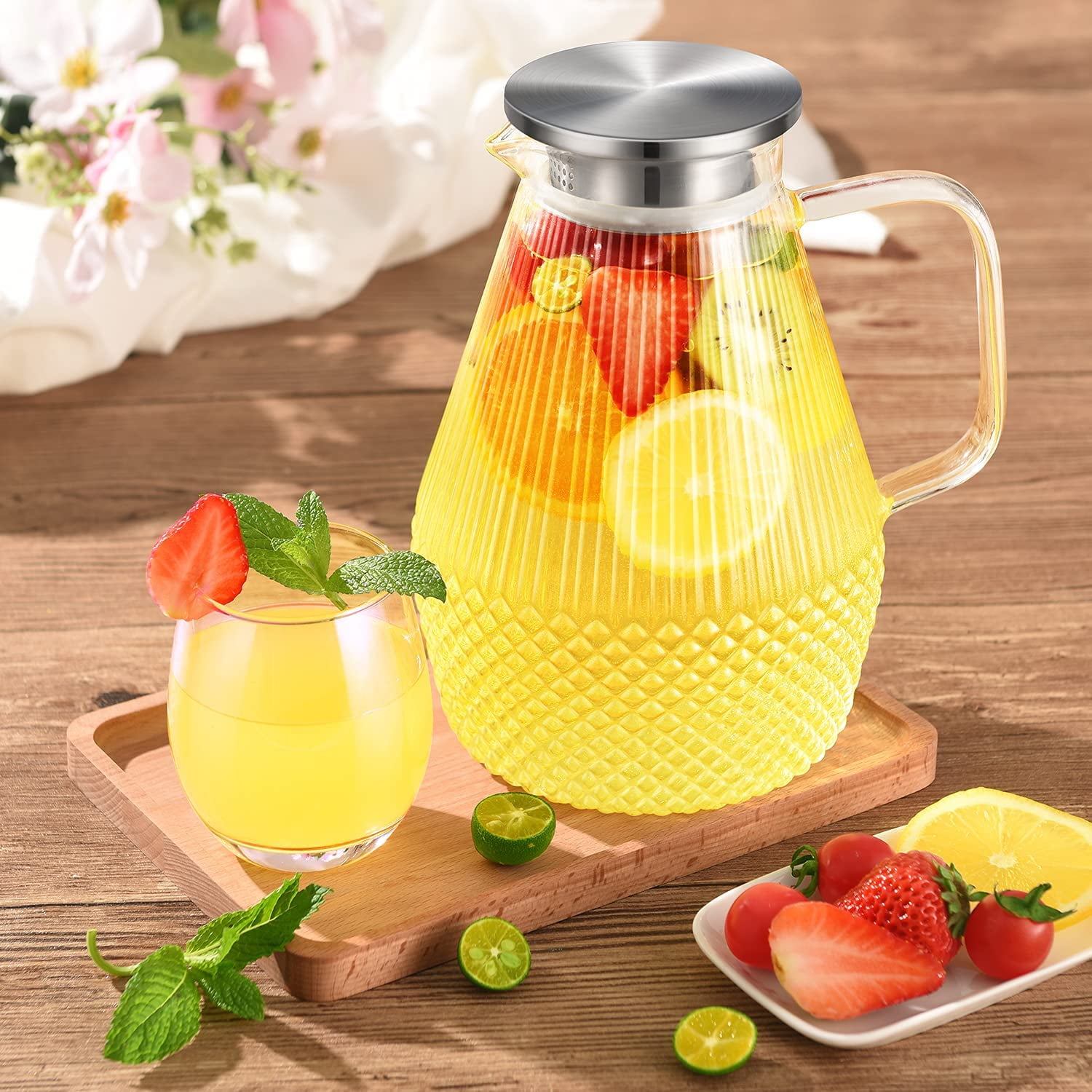LWXPAIYY Glass Pitcher with Lid 64oz,Iced Lemonade Juice Sangria Drink  Water Pitchers with Spout Handle for Fridge,Ice Tea Hot Beverage Brown