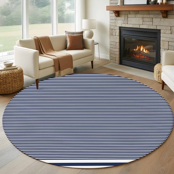 8ft Round Rug, Farmhouse Navy Blue White Striped Non-Skid Rubber Backing Large Area Rugs - Living Room Bedroom Home Office, Modern Stripes Indoor Floor Mat Carpets Washable Rug