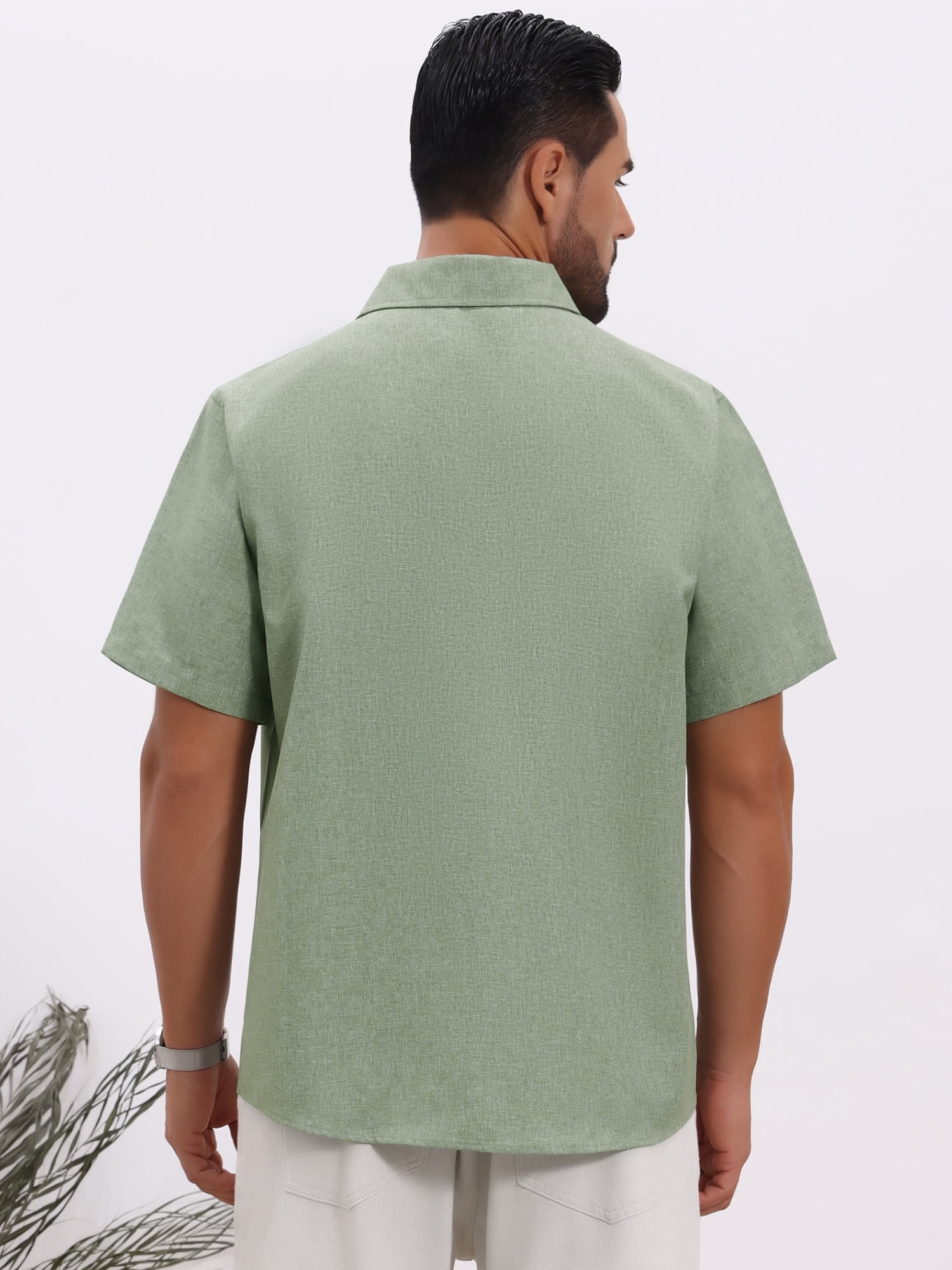 DARING DIVA Men's Plain Linen Short Sleeve Contrast Color Collar Shirts S Light Green
