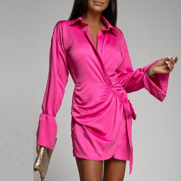 pstuiky Young Adult Dresses, Women Casual Trumpet Long Sleeve Solid Turn-down Collar Mini Shirt Dresses Formal Dresses Sale
