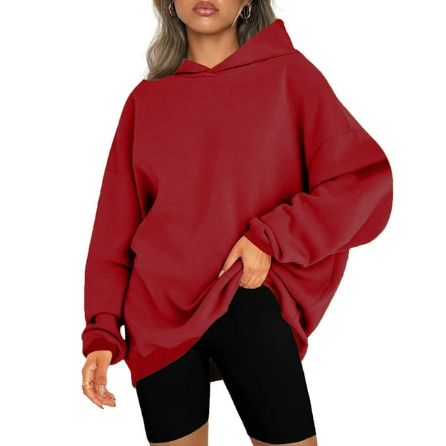 Chandail à Capuchon pour Femmes Mode Femmes Hiver Décontracté Chandail à Capuchon Noël Col Rond Manches Longues Chandail Blouse Couleur Unie Chandail en Molleton Ample