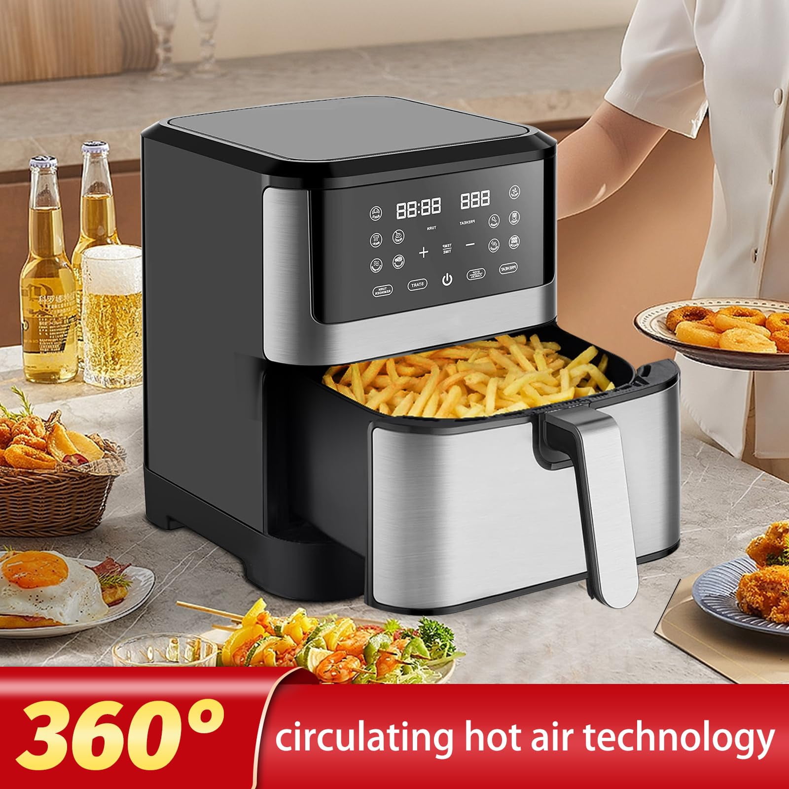 PRIJESSE 8QT Digital Air Fryer, 1500W Electric Air Fryer Toaster Oven Oil Free Multifunction Air Fry with 60 Minute Timer for Baking and 10 Preset Programs, Stainless Steel Accents