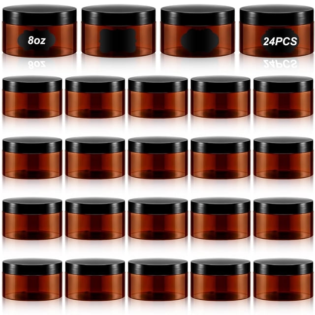 24 Pcs 8 oz Plastic Jar Container with Lid and Label Refillable Empty Round Amber PET Cosmetic Sample Containers for Lotion, Cream, Ointments, Body Butter, Makeup, Travel Storage
