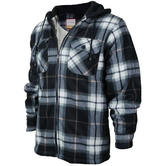 Men's Heavyweight Flannel Zip Up Fleece Lined Plaid Sherpa Hoodie Jacket (A17 - Navy White Grey, 2XL)