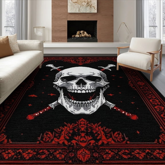 ODIKA 8'x10' Washable Area Rug Ghost Gothic Horror Skull Spooky Vintage Motif Border Halloween for King Size Bedroom Under Bed, Master Suite, Non-Shedding, Easy Care