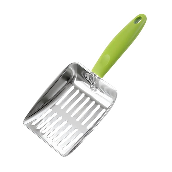 Green Cat Litter Scoop, 430 Stainless Steel Metal Cat Litter Shovel with Non-Slip PP Handle, 5mm Fine Holes, 10.2 x 5.2 x 1.2 in Long Handle Pet Waste Scooper for Cats, Easy Cleaning & Storage
