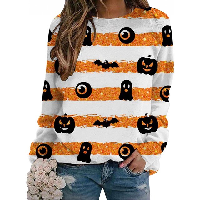 Halloween Chandail en Molleton Col Rond pour Femmes Tunique Décontractée à Manches Longues Blouse Ample Légère