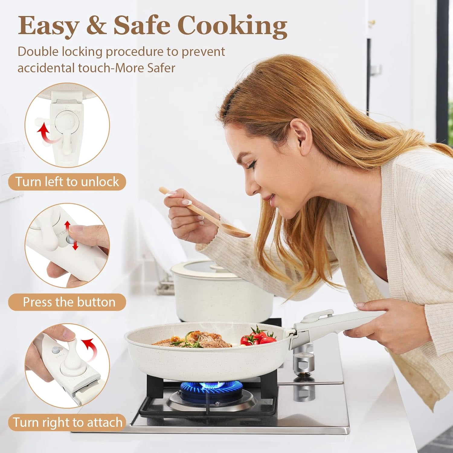 Soday 15Pcs Pots and Pans Set Removable Handle, Nonstick Cookware Set, Induction Compatible, White