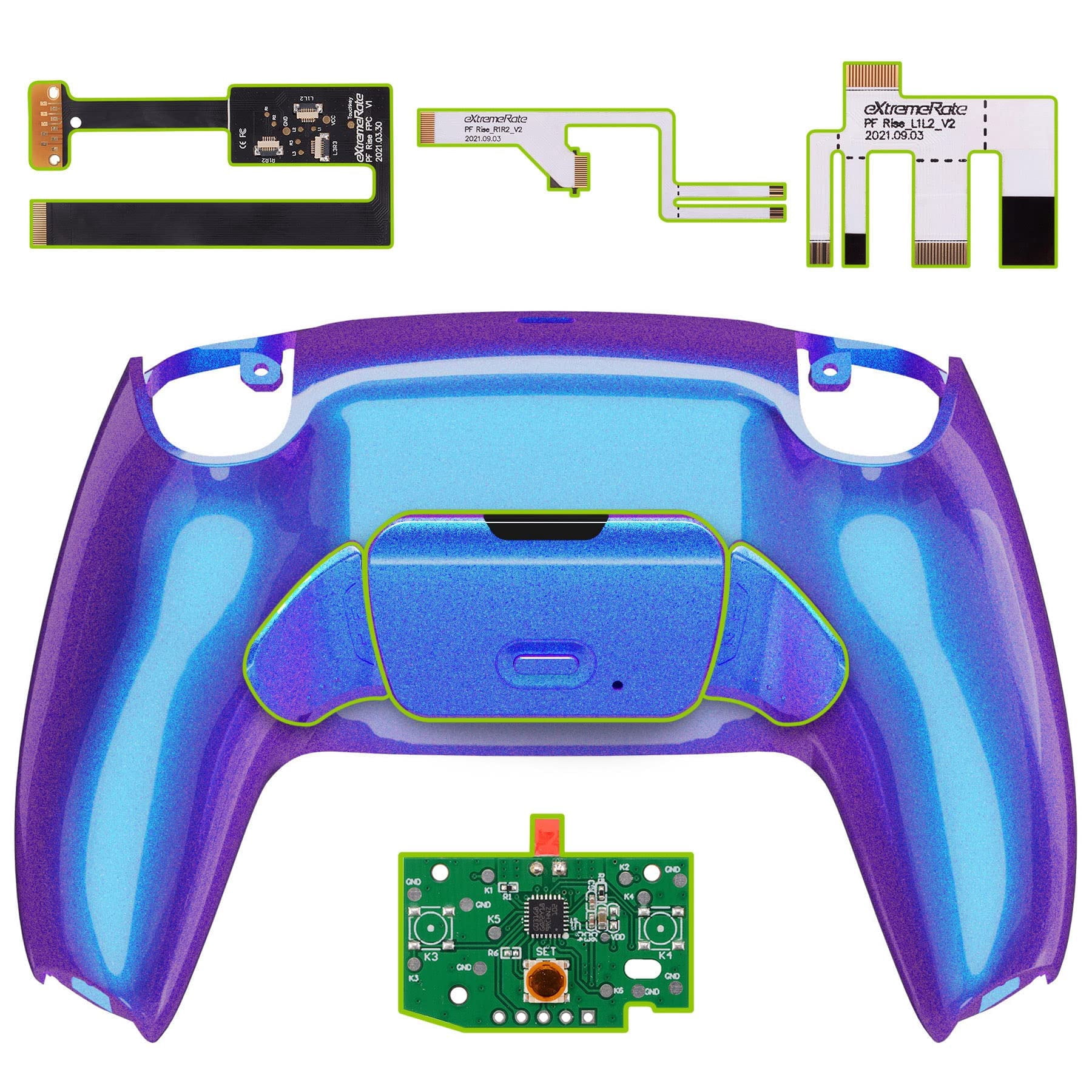 eXtremeRate Chameleon Purple Blue Upgrade Board & Back Shell w/Buttons for PS5 Controller BDM-010/020