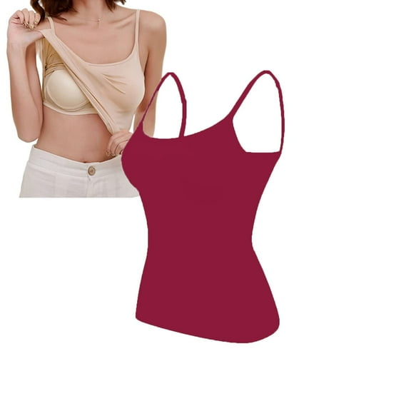 WNEGSTG Women's Solid Color Cotton Camisole with Shelf Bra Basic Adjustable Spaghetti Strap Tank Top Red
