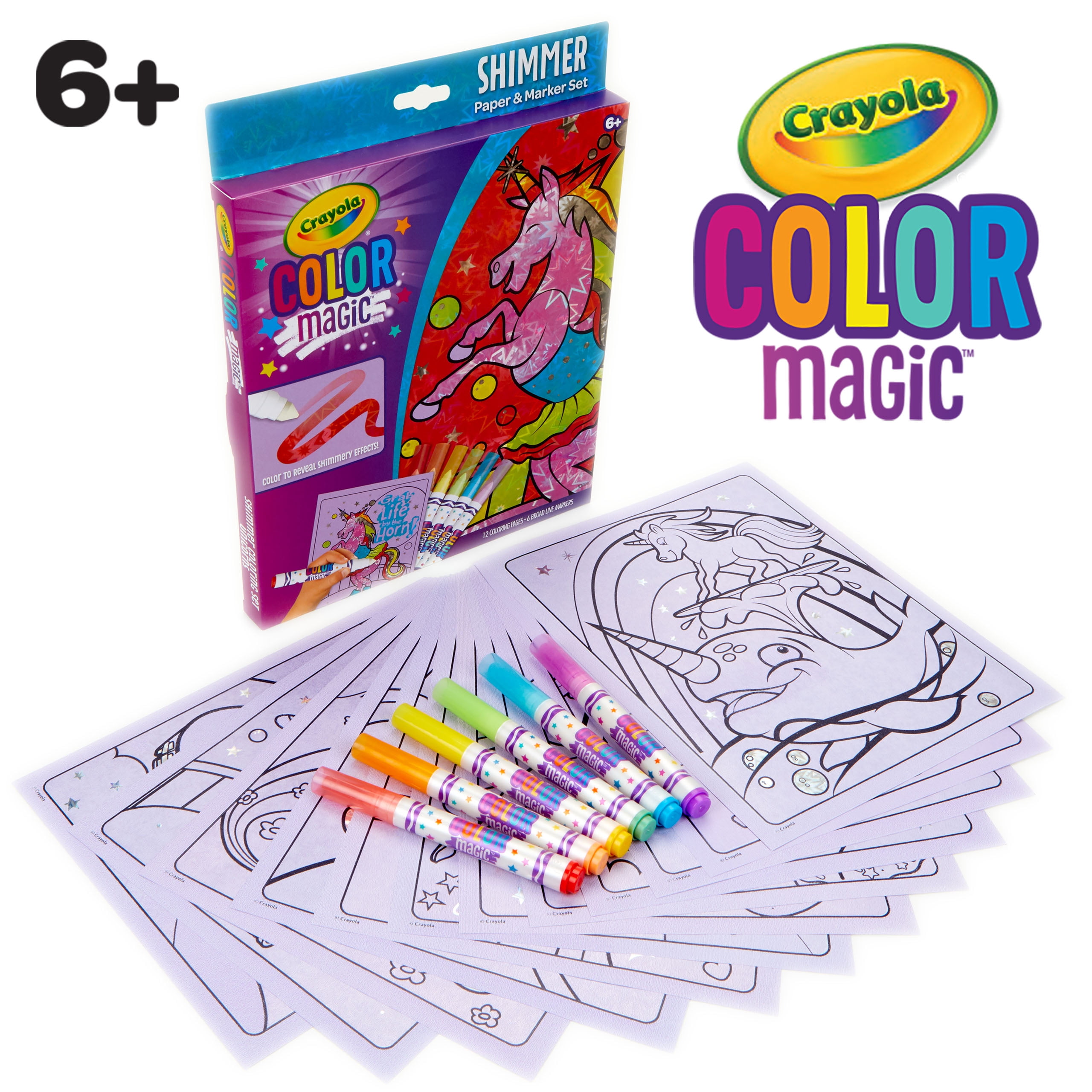 Crayola Color Magic Unicorn Shimmer Paper and Marker Coloring Set, 12 Pages, Child, Unisex