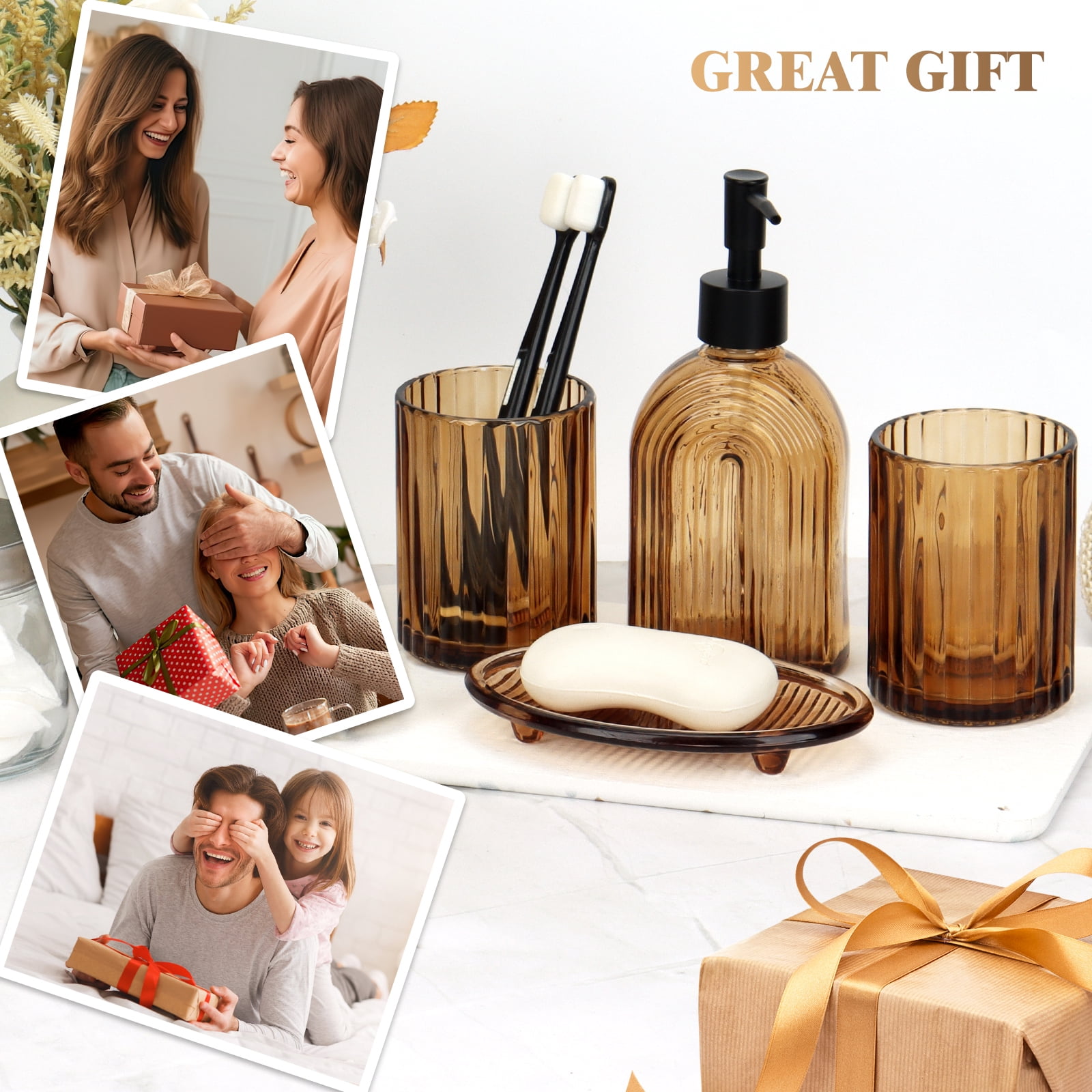Bathroom Accessories Set, 4Pcs Bathroom Glass Soap Dispenser Set ,with Soap Dispenser , Soap Dish, Tumbler,Brown