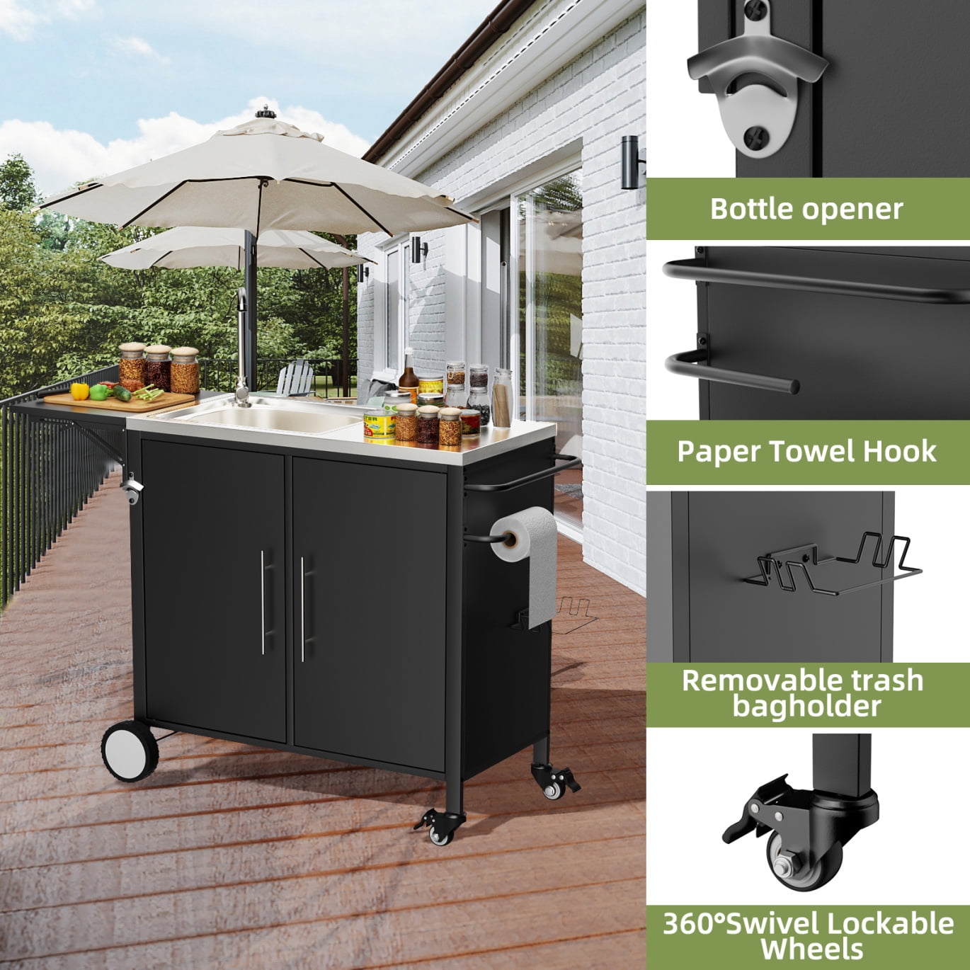 Outdoor Grill Cart with Sink, Rolling Kitchen Island Cabinet with Wheels, Metal Grill Table Kitchen Sink Station with Foldable Top and Storage Cabinet, Black