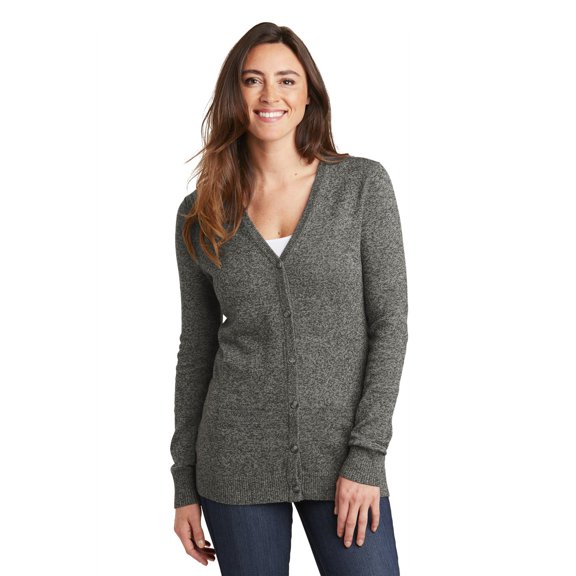 Port Authority Ladies Marled Cardigan Sweater. LSW415, Warm Grey Marl, 4XL