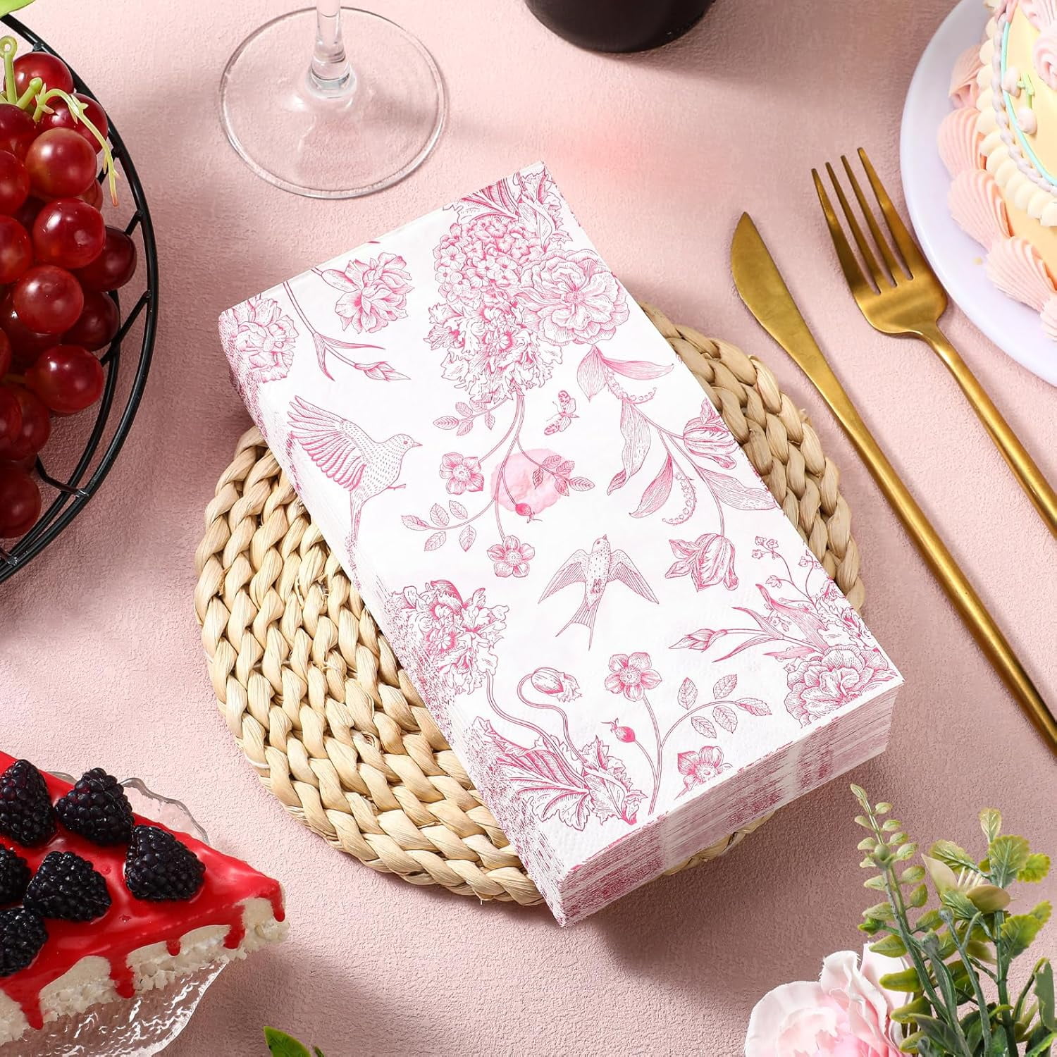 200 Pcs Floral Paper Napkins Disposable Hand Towels for Bathroom Guest Decorative Napkins for Bathroom Shower Toilet Room Holiday Wedding Bridal Tea Party (Pink)