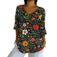 thumbnail image 5 of Endives Women's Shirts Elegant Retro Art Print V Neck Loose Mid Length Sleeve Womens Top Blouse, 5 of 6