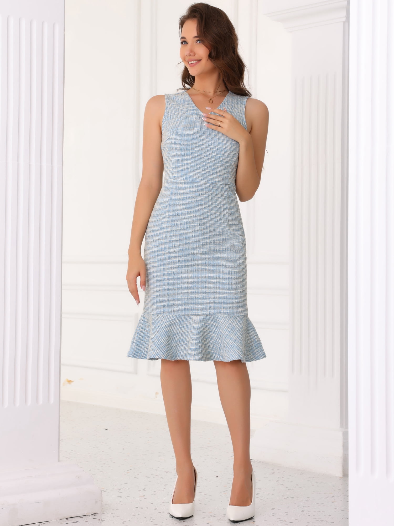 DARING DIVA Sleeveless V Neck Ruffles Bodycon Plaid Dress S White Blue