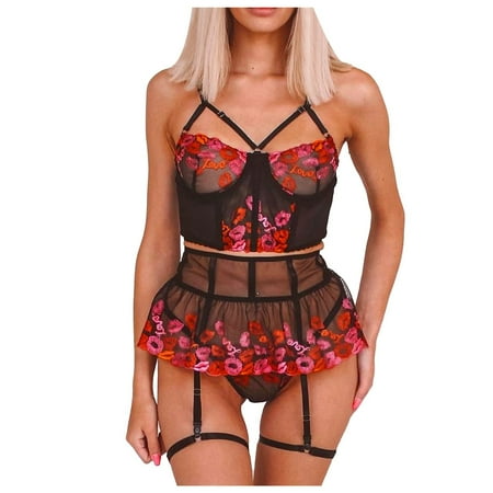 

RPVATI Women s Sexy Garter Lingerie Set 3 Piece Floral Babydoll Bodysuit See Through Lace Lingerie Underwire