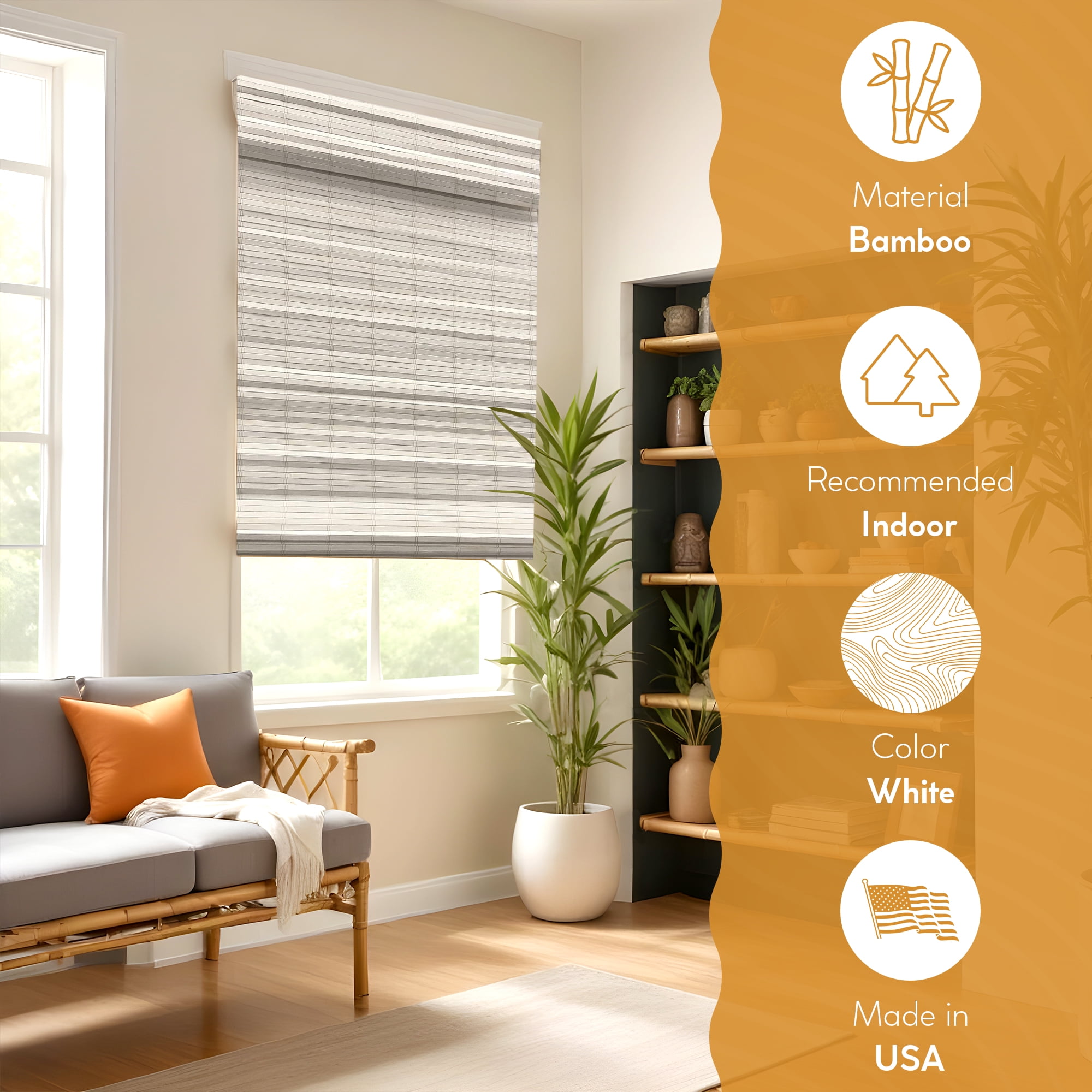 Cordless 64-in Long Distressed White Brooklyn Flatstick Bamboo Roman Shade 30 - 39 Inches 36 in. W x 64 in. L