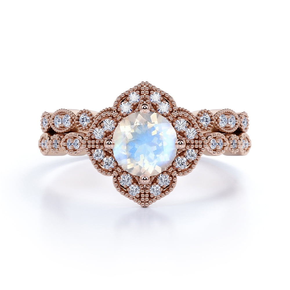 JeenMata 1.5 carat Round Cut Blue Moonstone and Moissanite Floral Antique Bridal Set in 18k Rose Gold over Silver